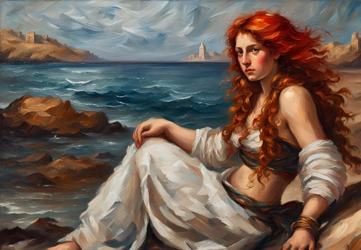 Arab Warrior Woman by the Sea as Impasto Painting