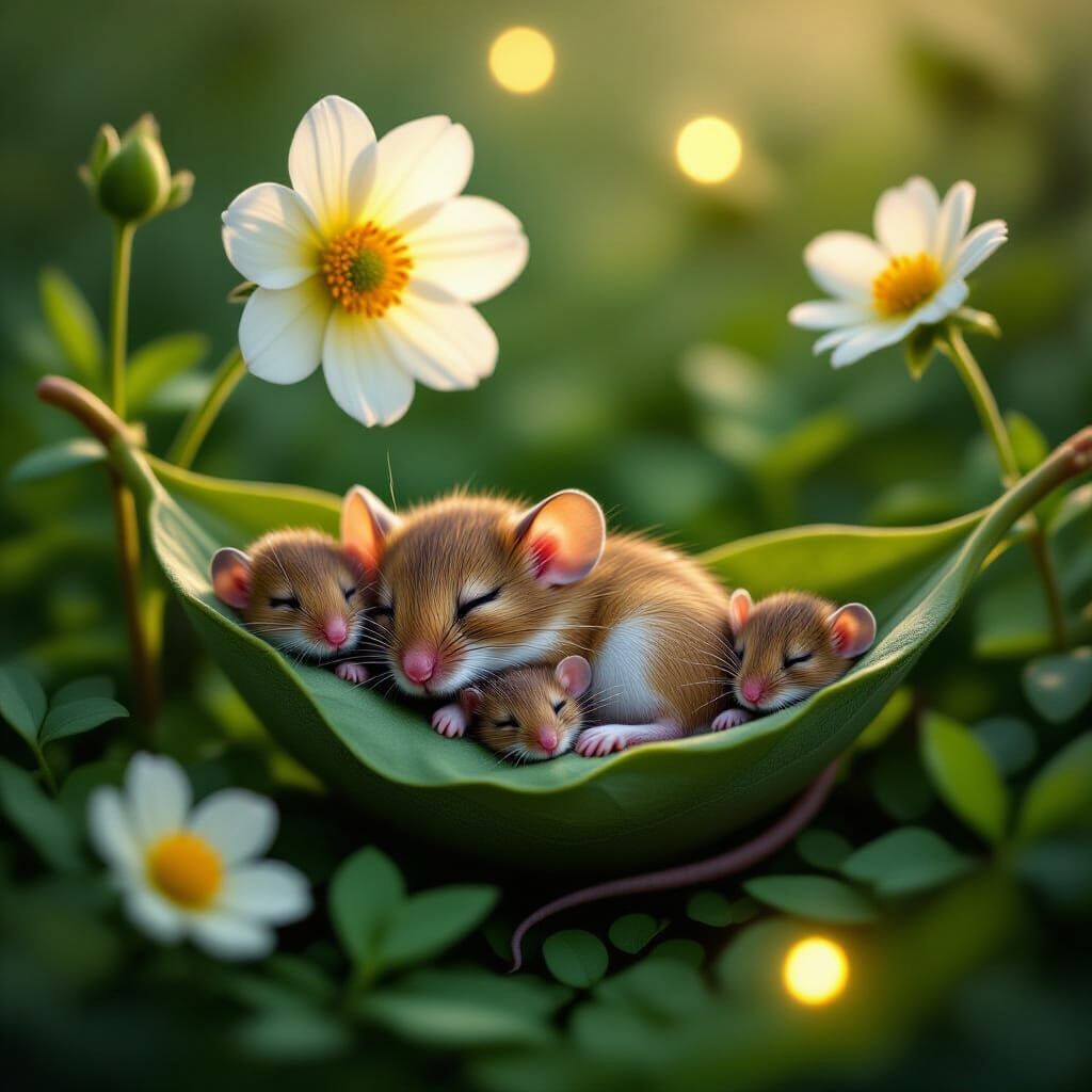 Mice Sleeping in a Cozy Meadow by Fireflies