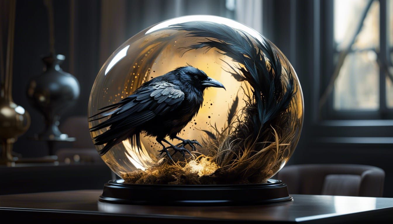Ink Raven in Glass Sphere: Digital Fine Art
