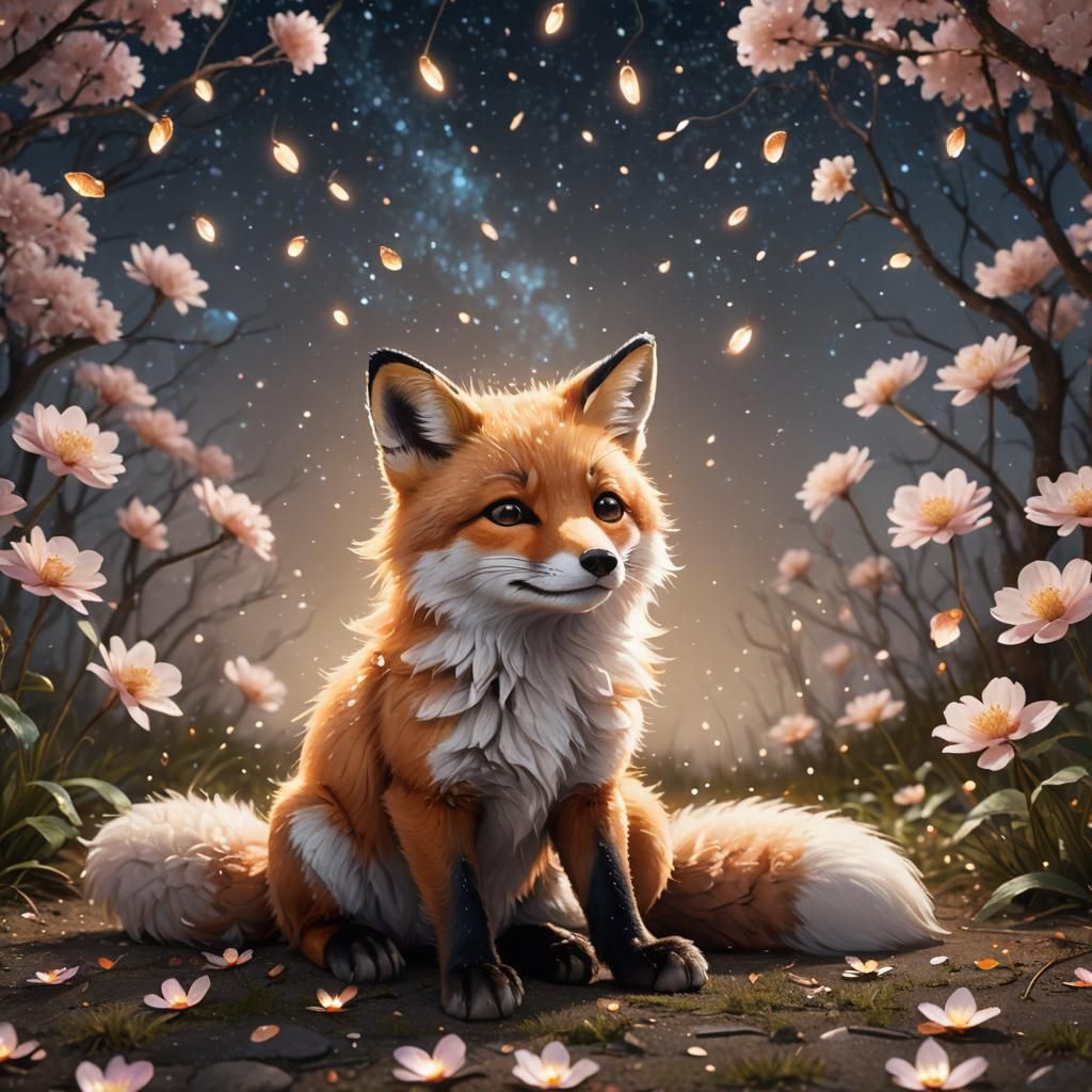Fox in a Magical Night Scene with Fireflies