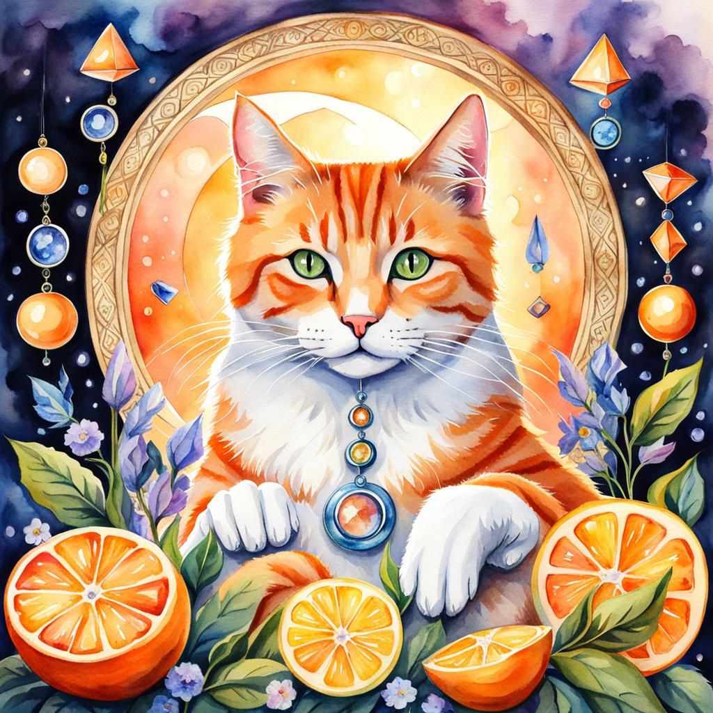 Mystical Orange Cat with Magic Crystals in Watercolor