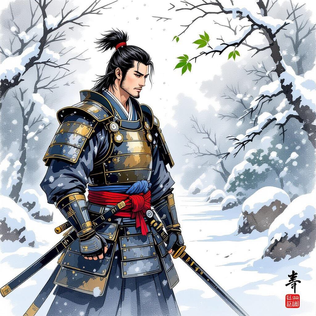 Samurai in Winter Garden: Wabi-Sabi Ink Art