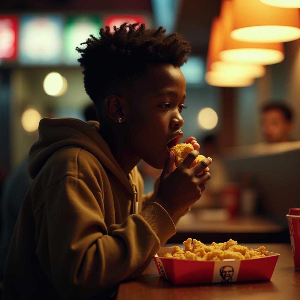 Young Boy Savoring Fried Chicken in a Warm Cinematic Light