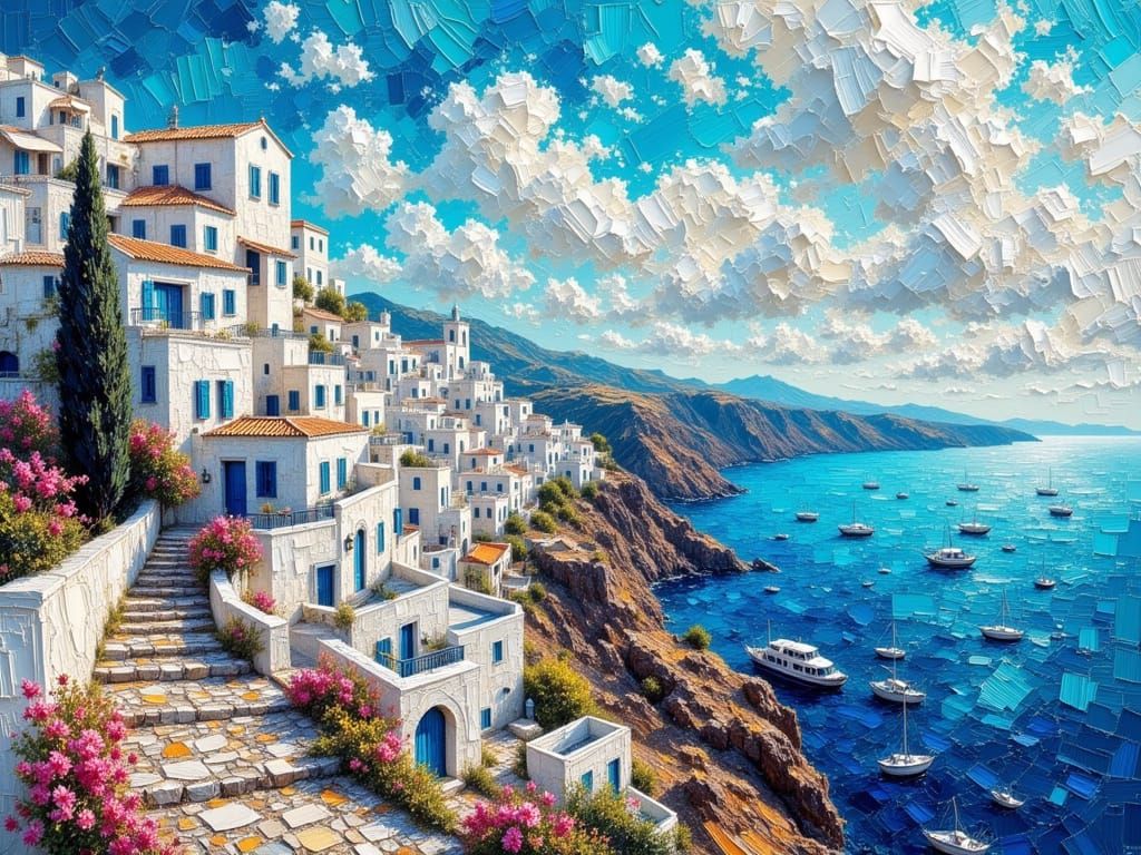 Santorini: Vibrant Oil Painting of Greek Island