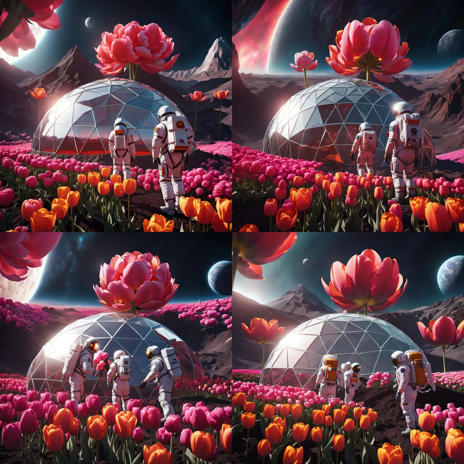 Astronauts Cultivating Flowers on Volcanic Moon