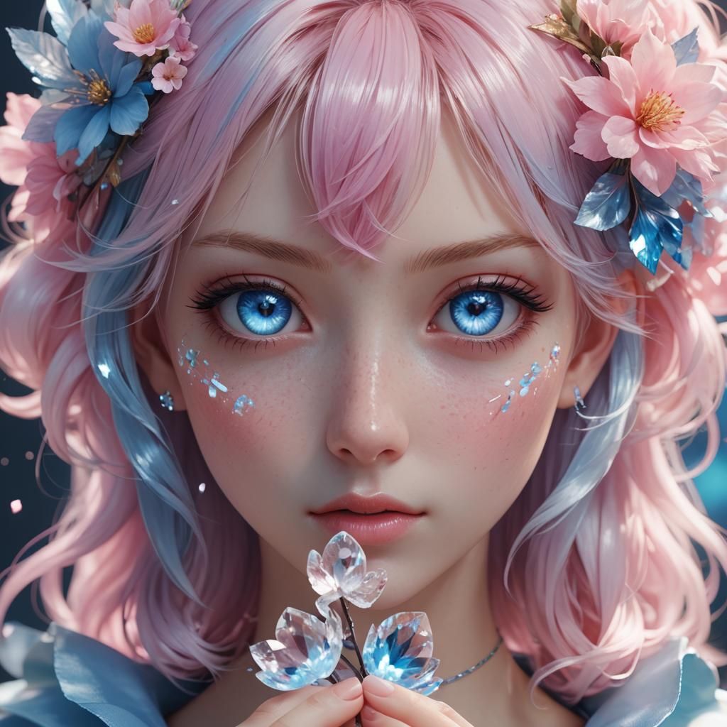 Girl with Crystal Flower in Anime Style