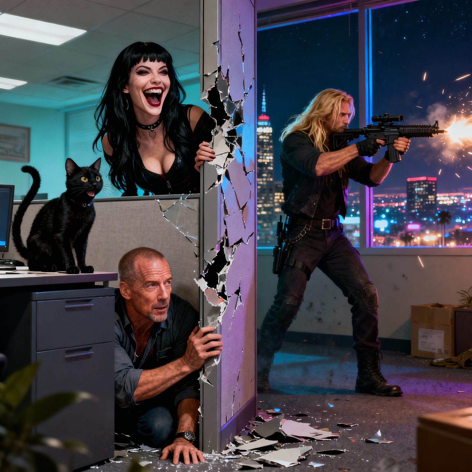 Woman, Cat, and John McClane in Action Scene