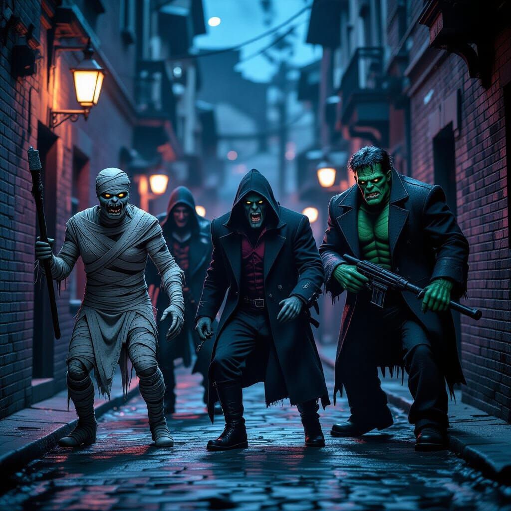 Monstrous Team Brandishes Weapons in Dark Alley