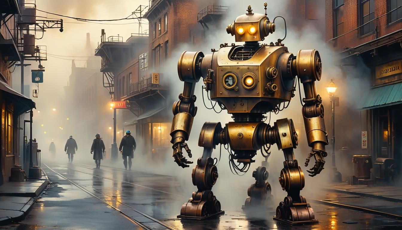 Steam-Powered Robot in Industrial City: Impressionist Oil Pa...