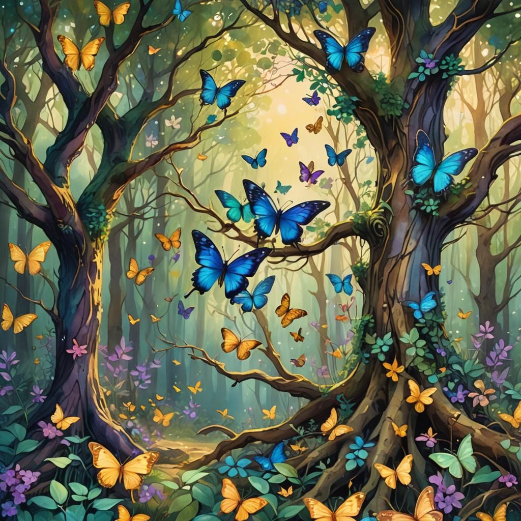 Whimsical Butterflies in Forest, Art Nouveau Style