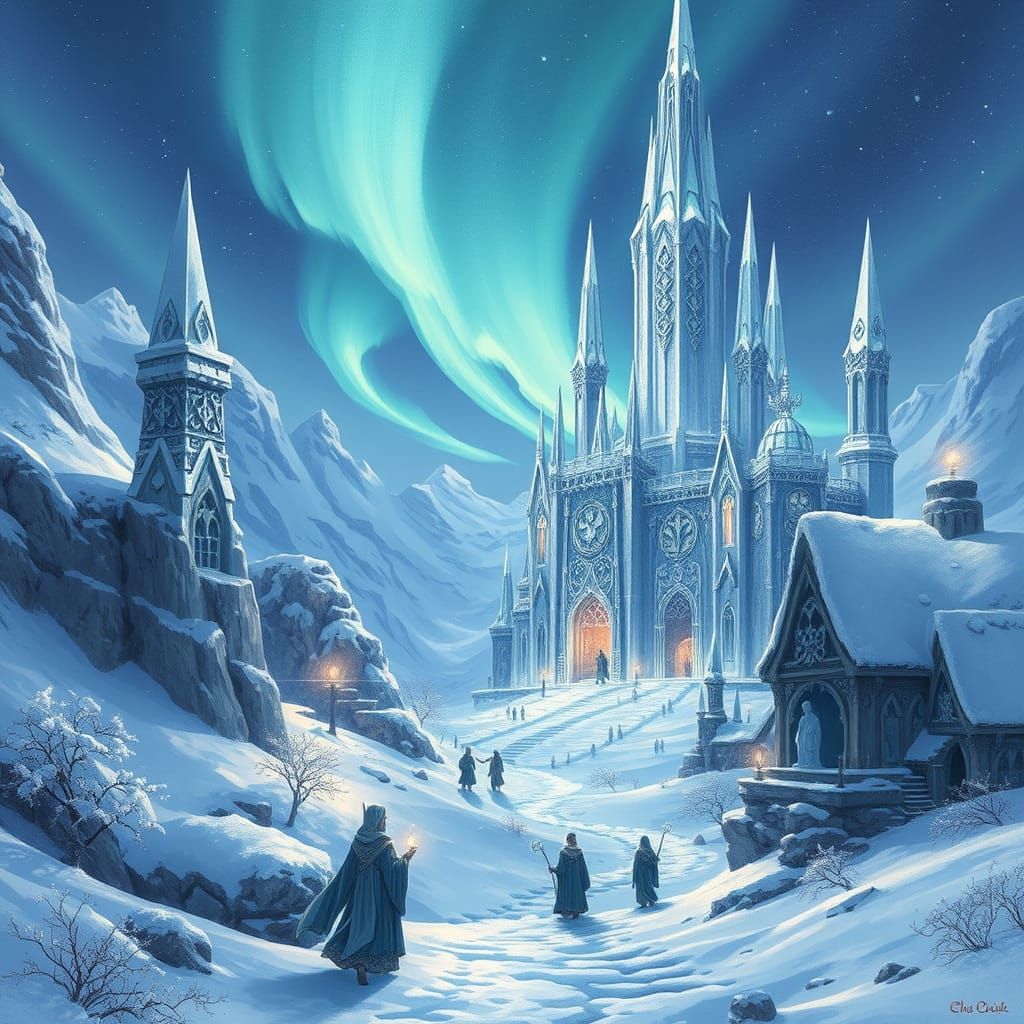 Ethereal Snow Elf City Under Aurora Borealis