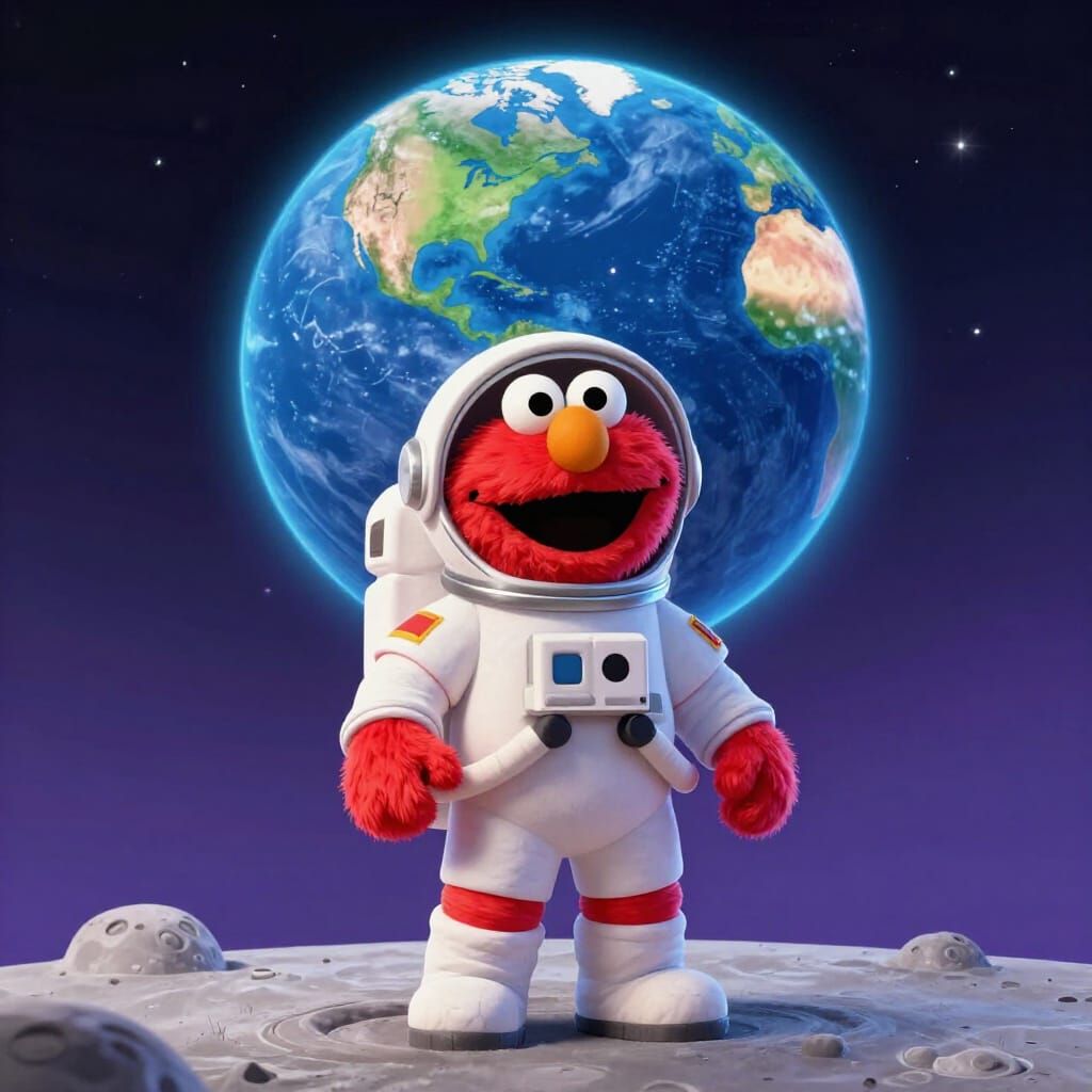 Elmo Astronaut on Moon with Earth View