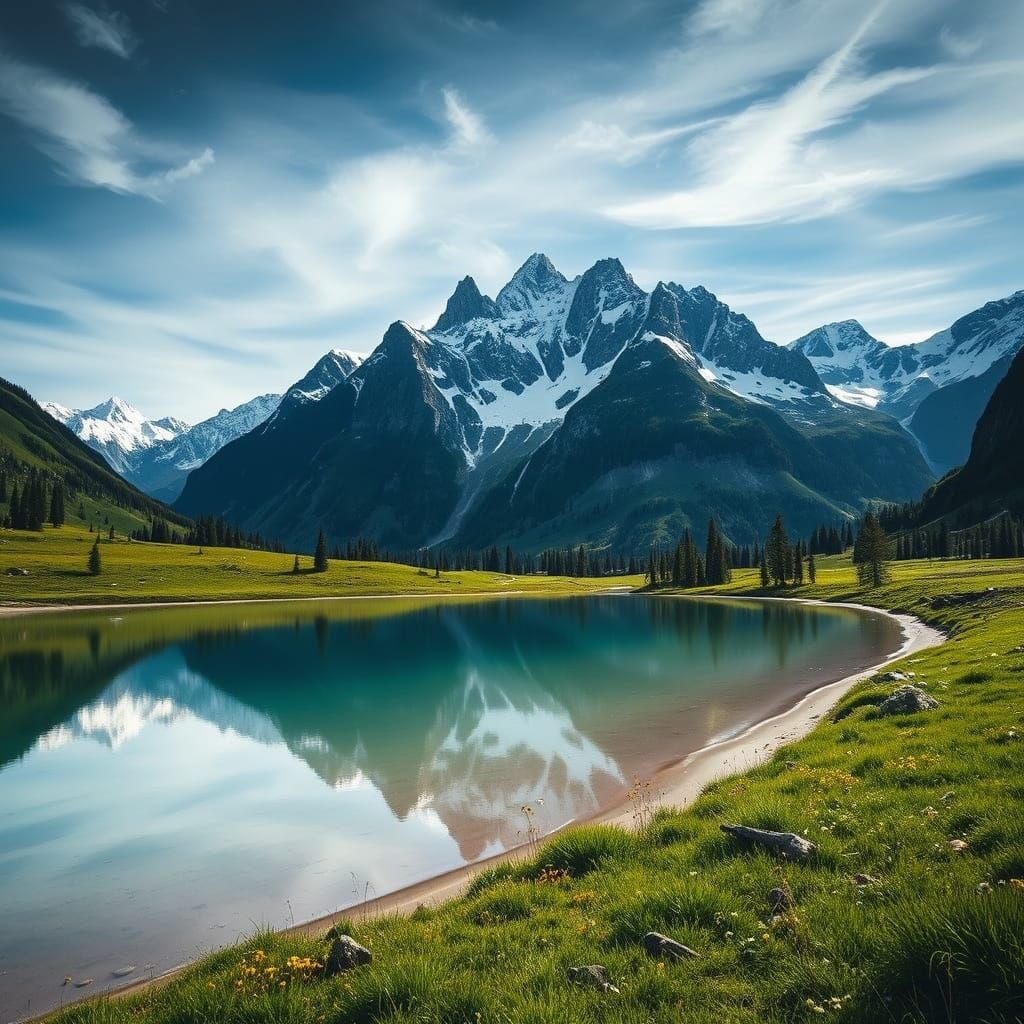 Alpine Lake Reflecting Snow Peaks: Photorealistic Scenery