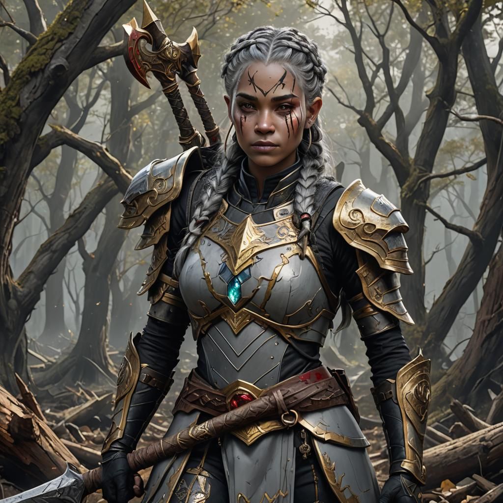 Female Earth Genasi with Axe, Matte Painting