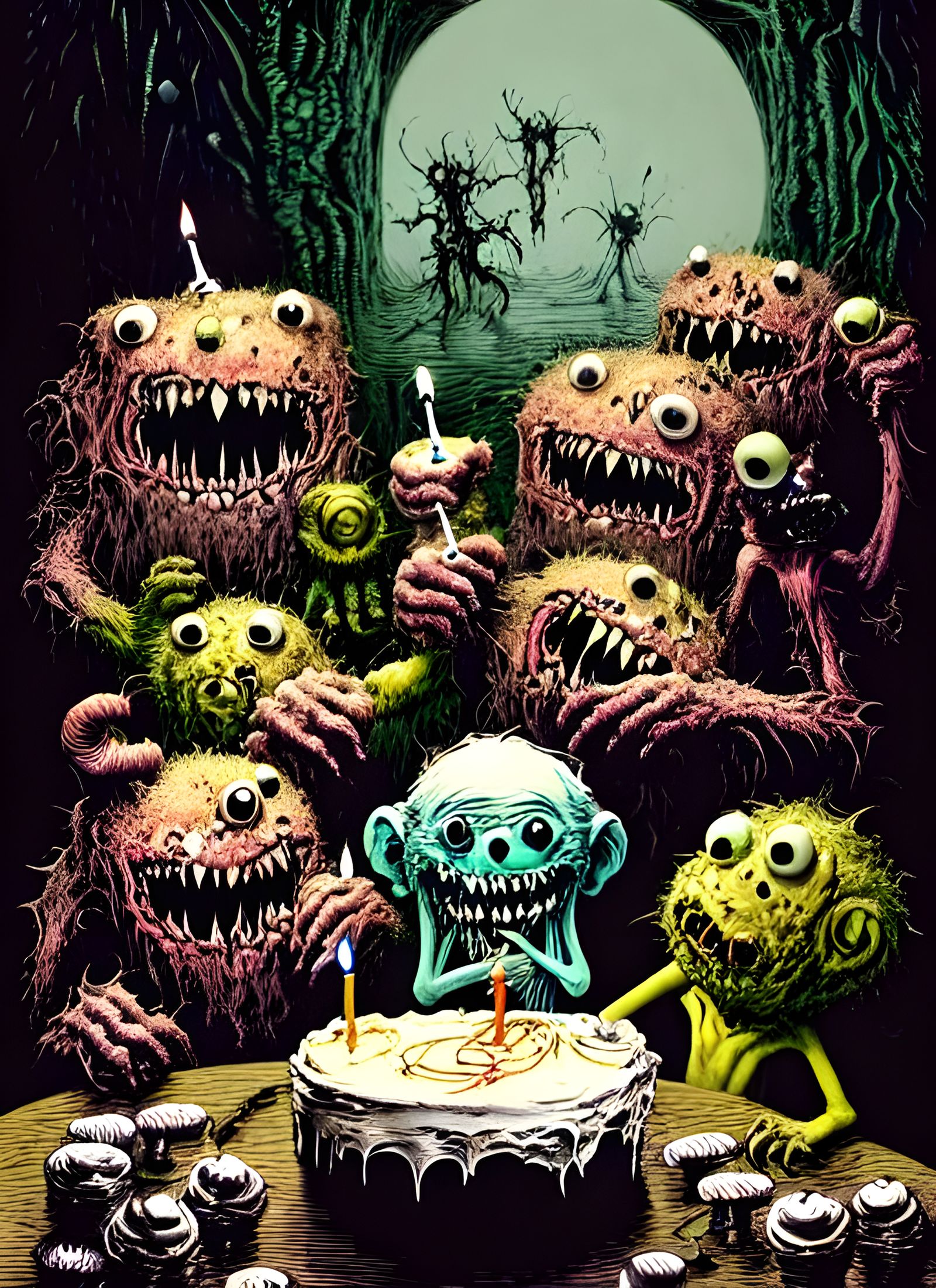 Monsters Celebrate Birthday in Sinister Cartoon Style