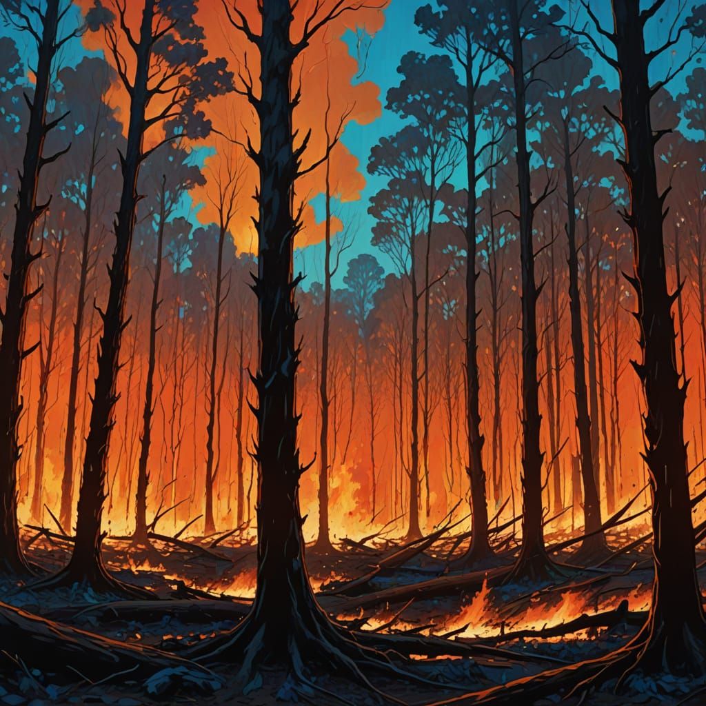 Burning Forest Sweeps Over Trees in Vibrant Oil Painting