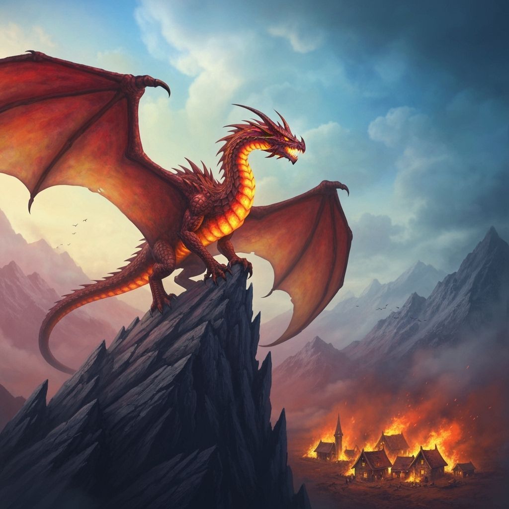 Fearsome Dragon Overlooking Fiery Village, Epic Fantasy Art