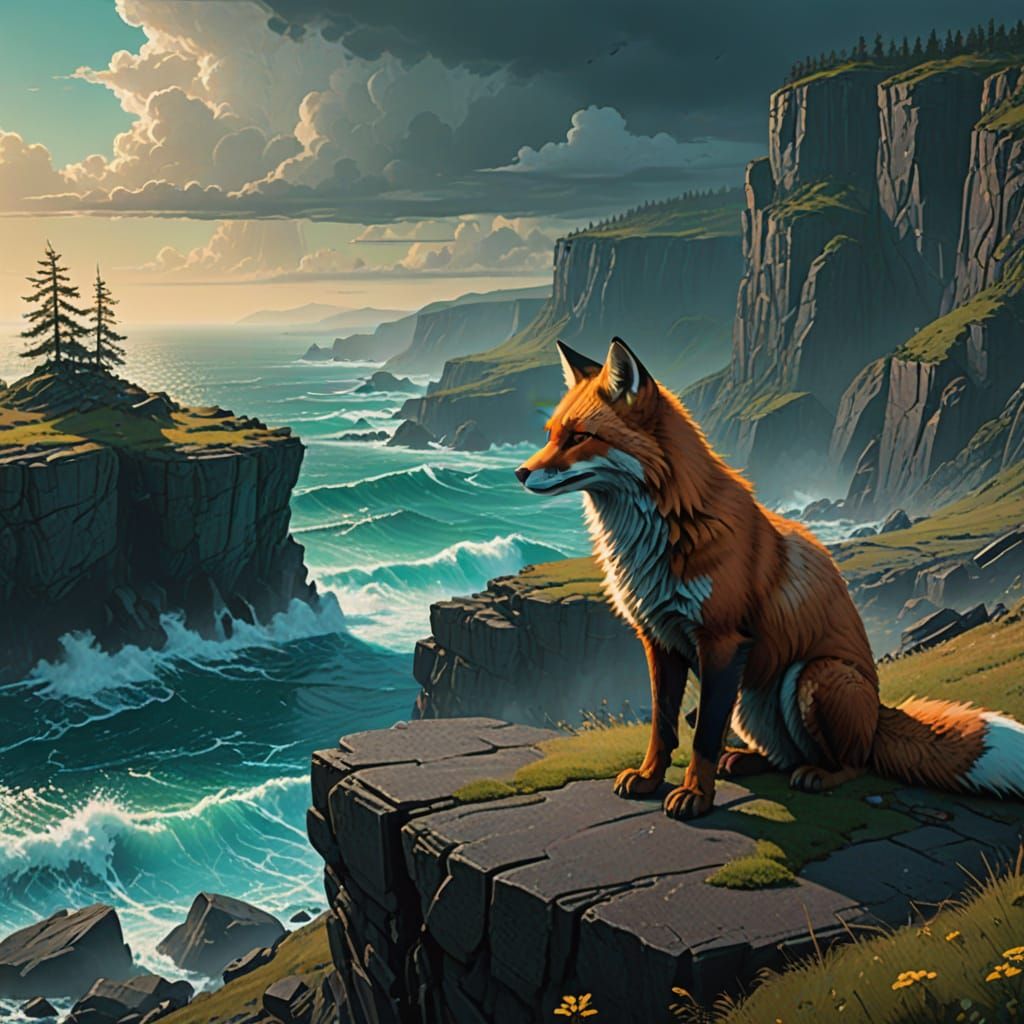 Fantasy Fox Gazing Out at Turquoise Ocean