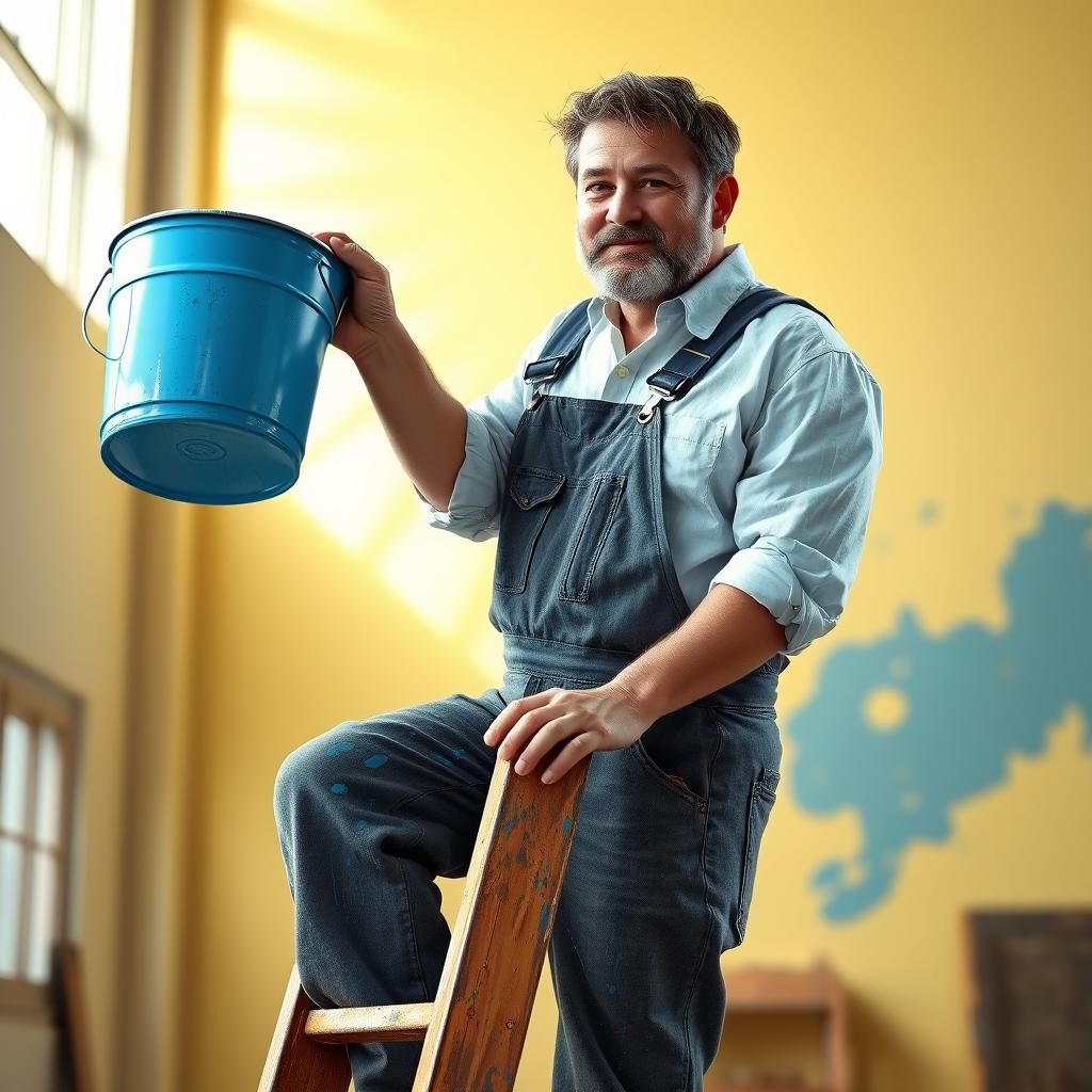 Painter Climbing Ladder in Workshop