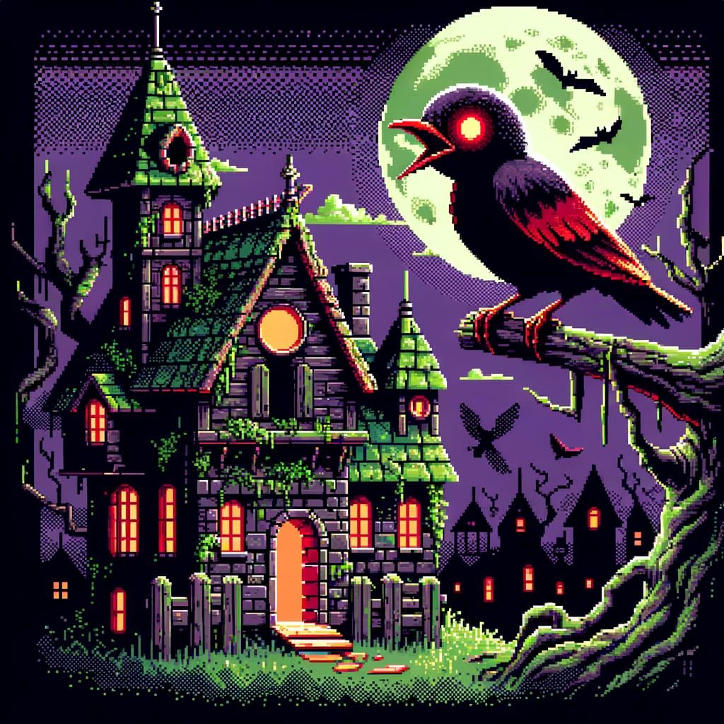 Eerie Bird Perched Atop Haunted Birdhouse in Pixel Art