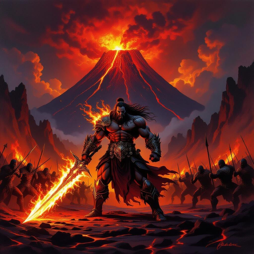 Fiery Warrior with Incandescent Sword in Epic Fantasy Style