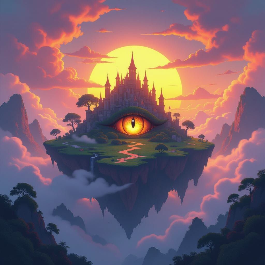 Whimsical Island with Dragon Eye in Surreal Sunset