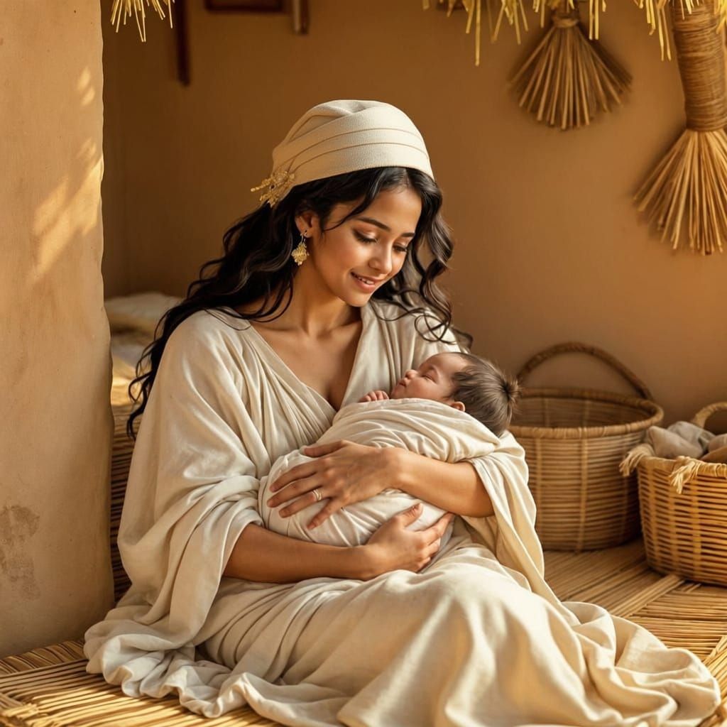 Girl Miriam Holds Baby Moses Doll in Nile House