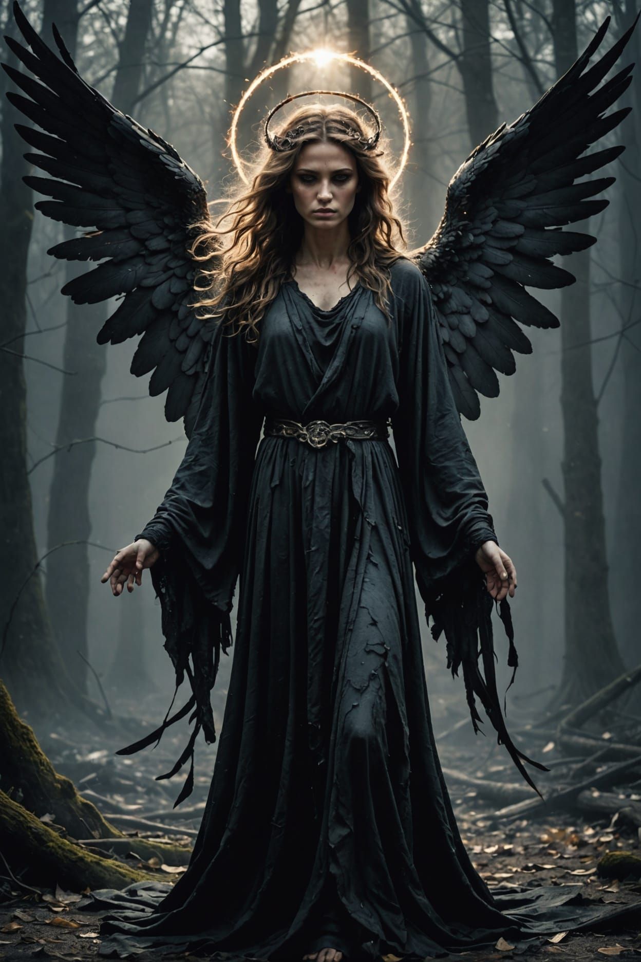 Fallen Angel with Dimmed Halo in Ruins