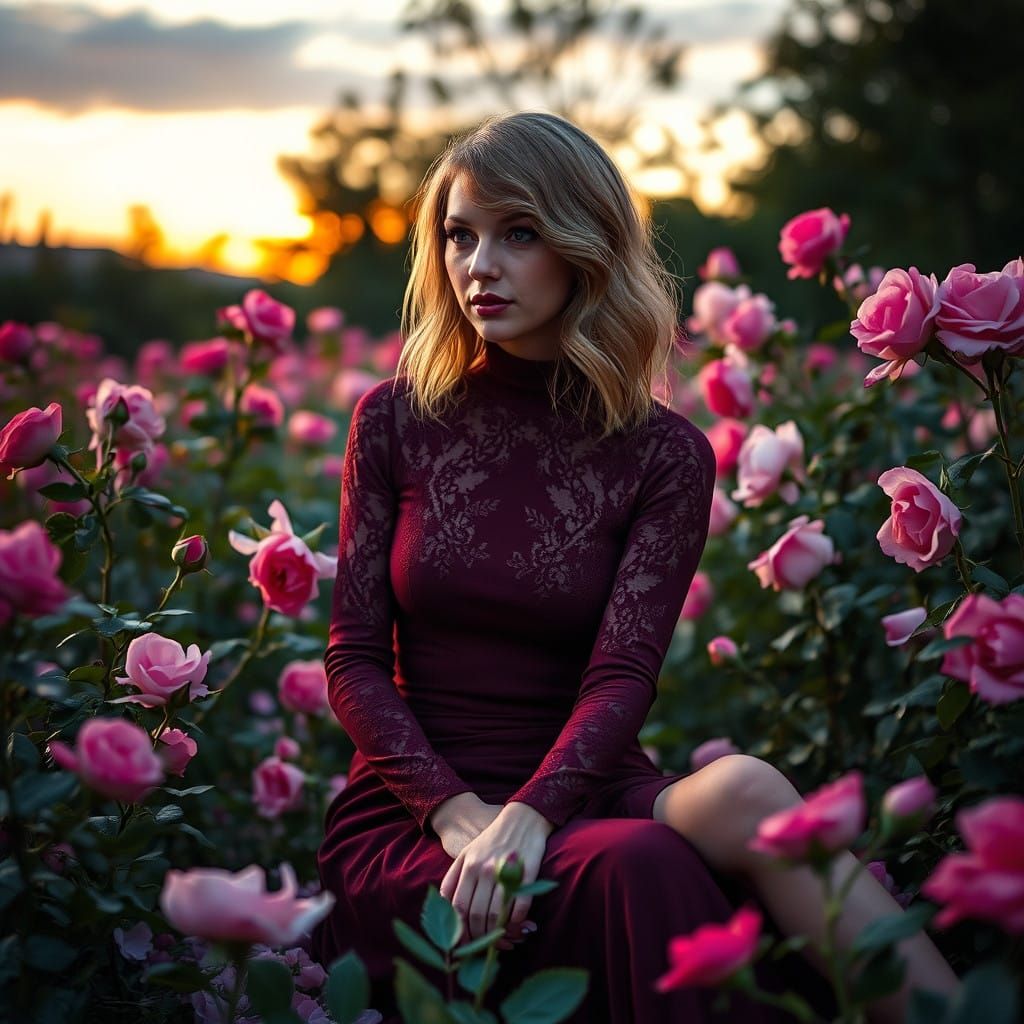 Taylor Swift in Elegant Burgundy Rose Garden Portrait
