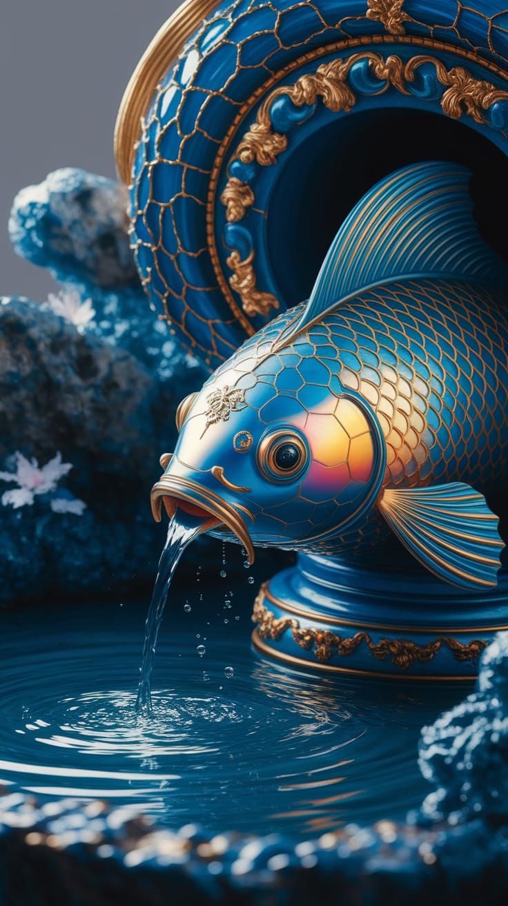 Ornate Kintsugi Koi Fish Fountain in Pond