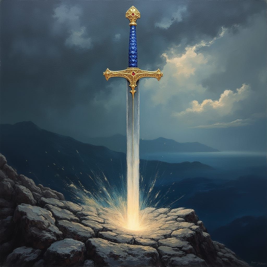 Mystical Sword Pierces the Earth in Abstract Expressionist S...