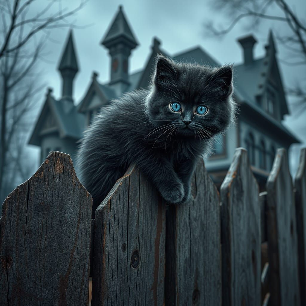 Kitten Guarding Haunted House in Eerie Fantasy Style