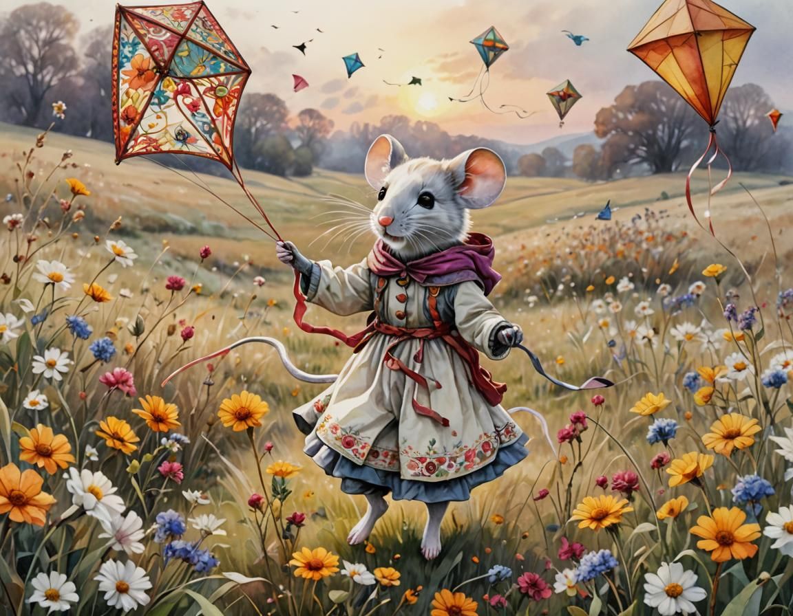 Watercolor Mouse Girl with Kite Fantasy Art