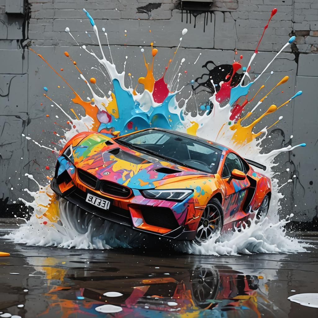 Super Car Slides on Water in Graffiti Art Style