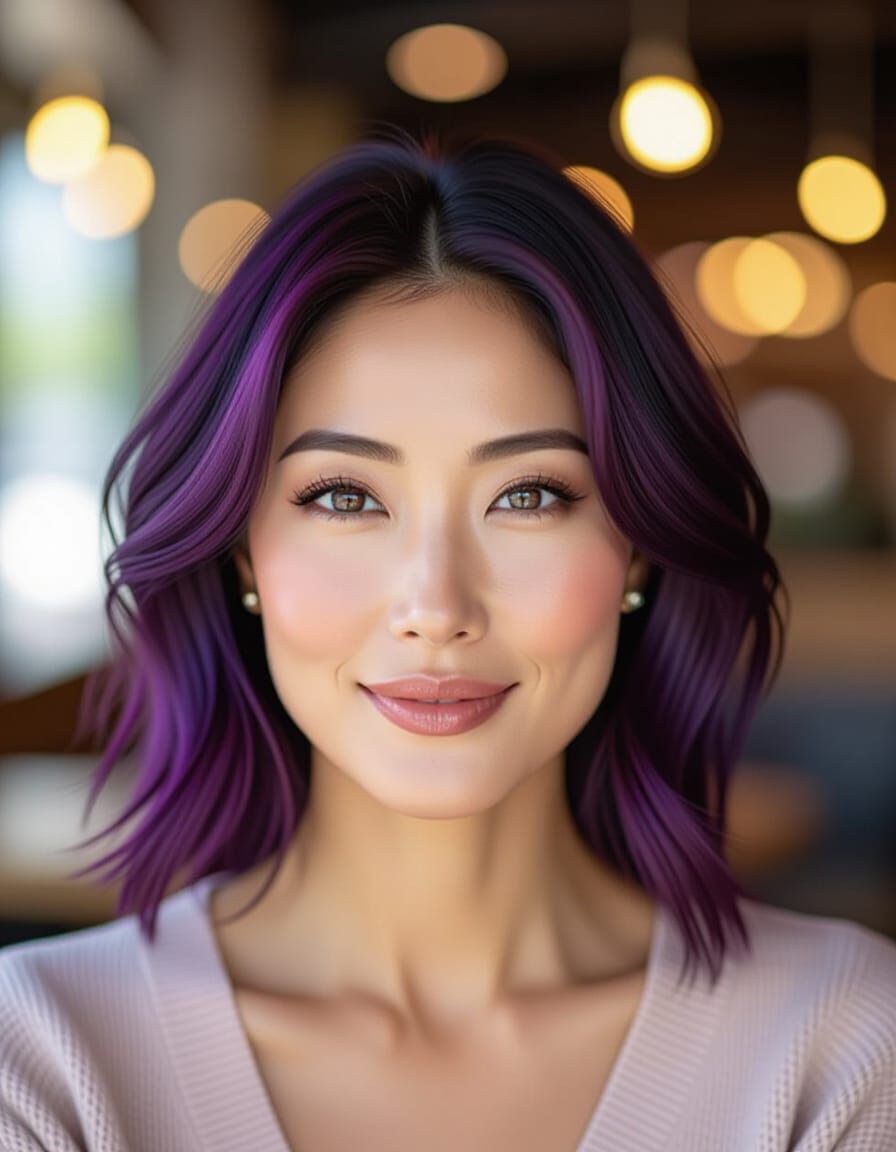 Beautiful Asian Woman with Purple Hair in Cafe