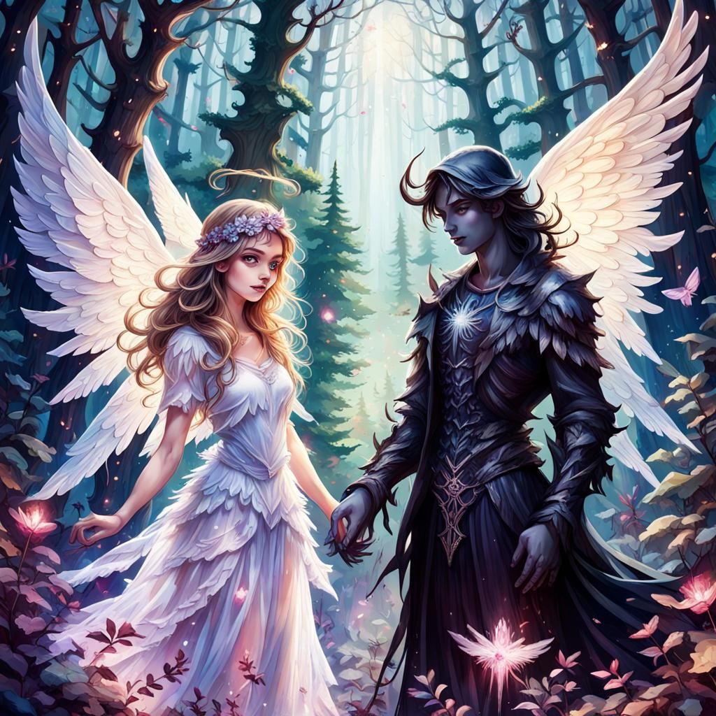 Angel and Demon with Crystal Wings in Forest