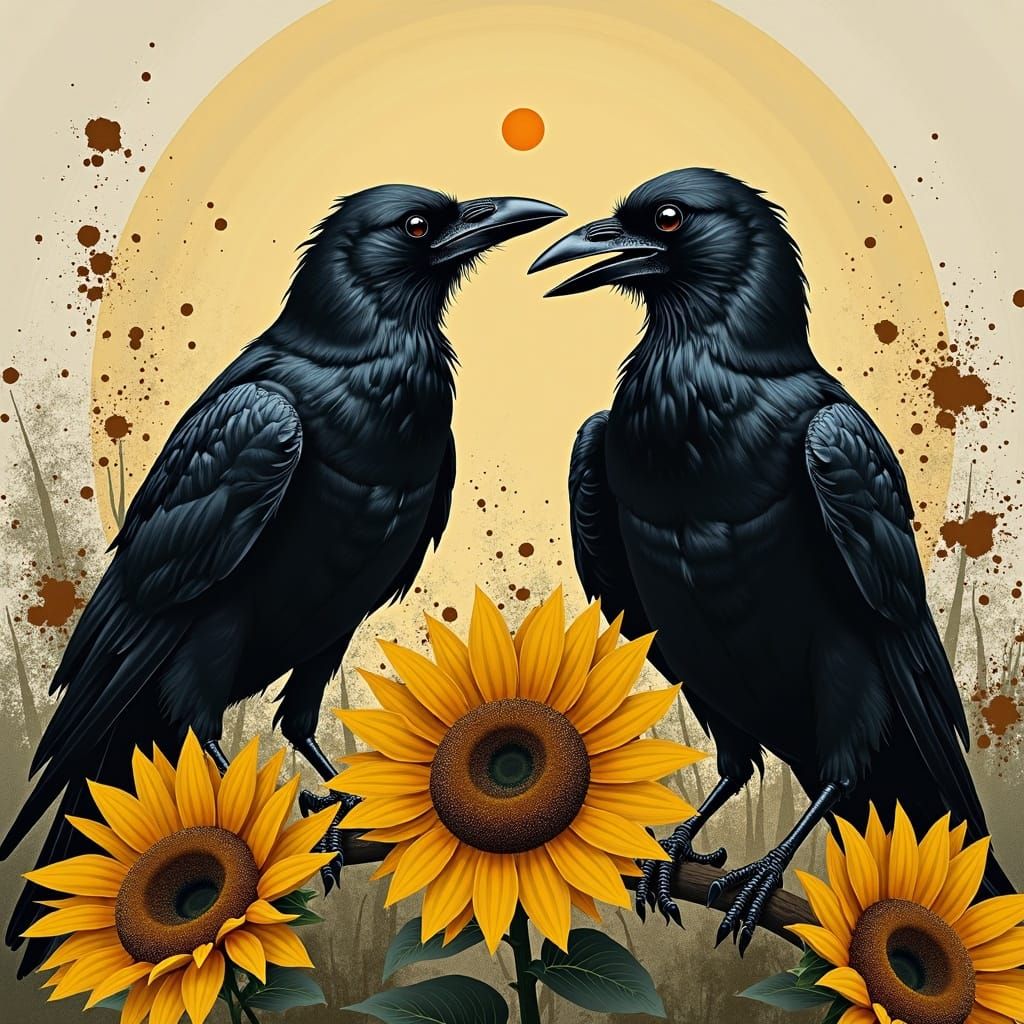 Crows in Elegant Attire Feast on Sunflowers