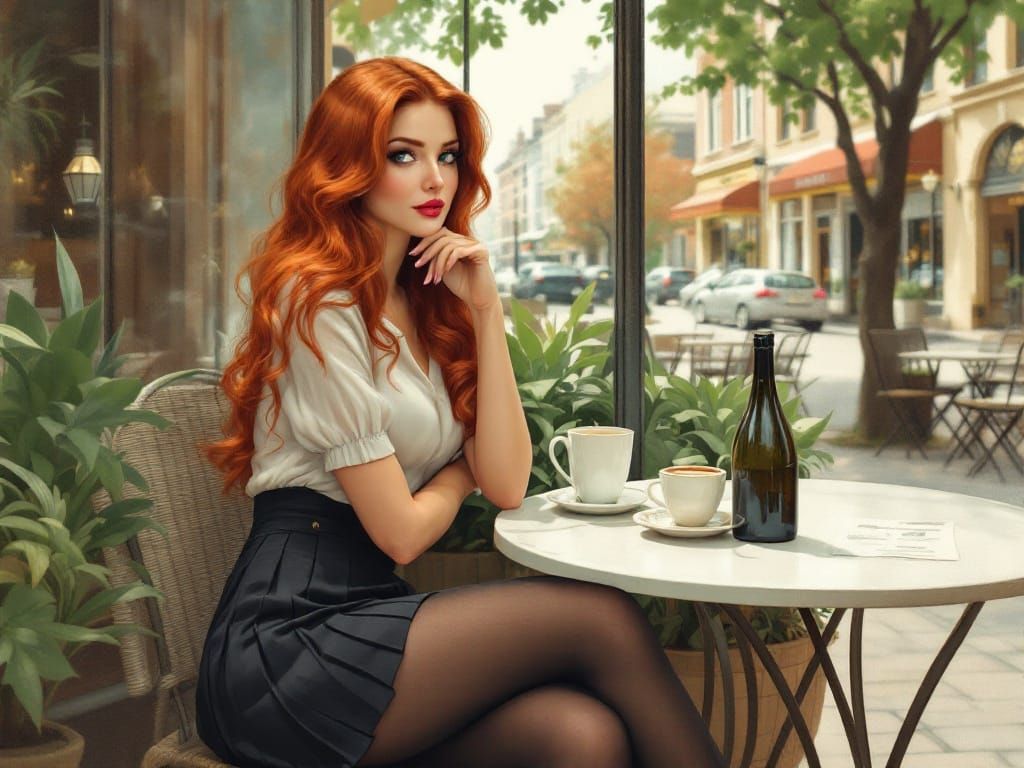 Mid-Century Woman Sips Coffee in Urban Café
