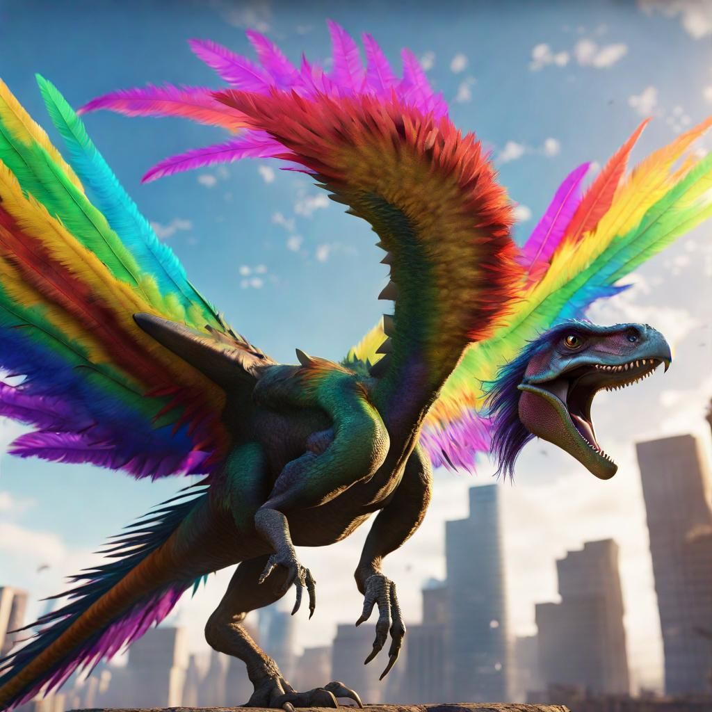 Rainbow Griffin-Dinosaur Soaring Above Decopunk City