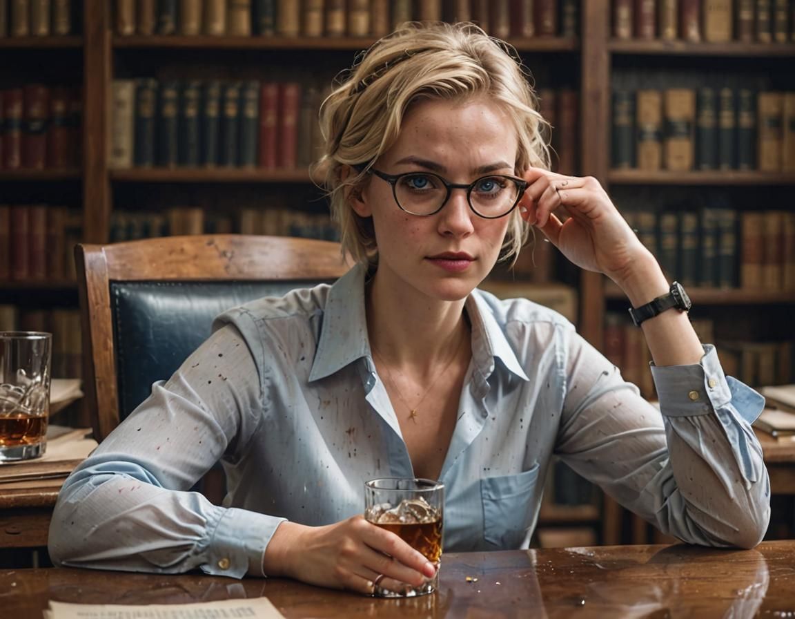 Blonde Librarian with Whisky in Noir Style