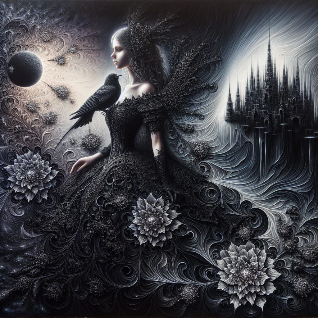 Gothic Woman with Bird in Moonlit Garden