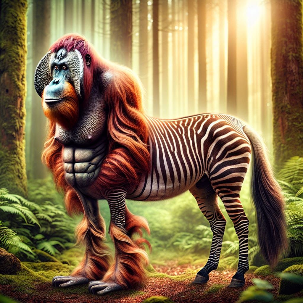 Orangutan-Zebra Hybrid Creature in Forest