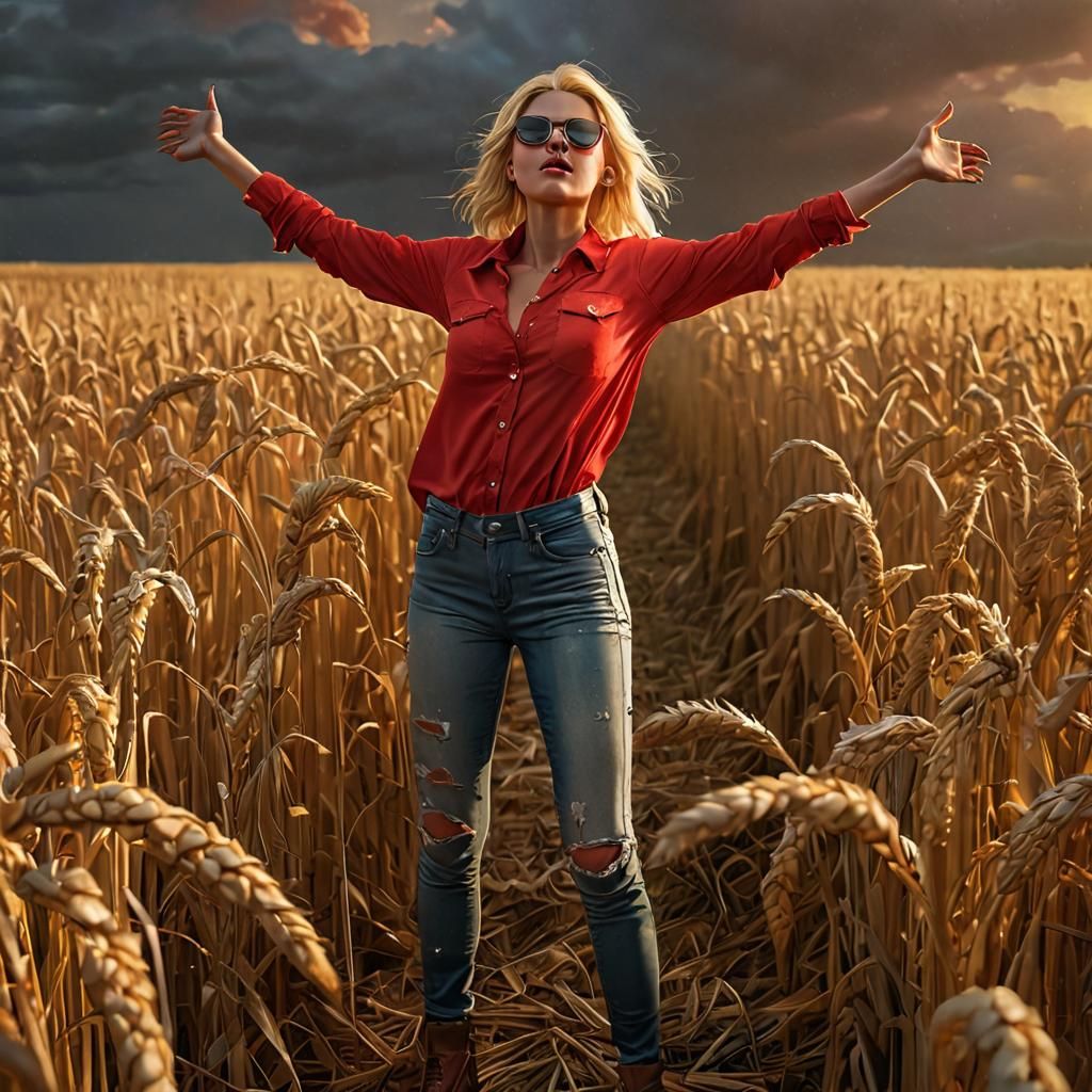 Surreal Scarecrow in Wheat Field at Sunset