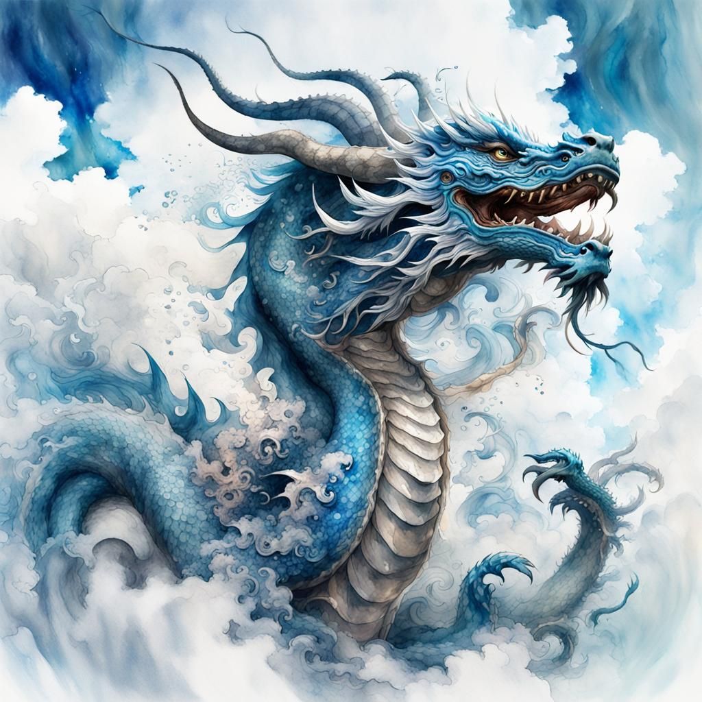 Powerful Blue Chinese Dragon Watercolor Painting