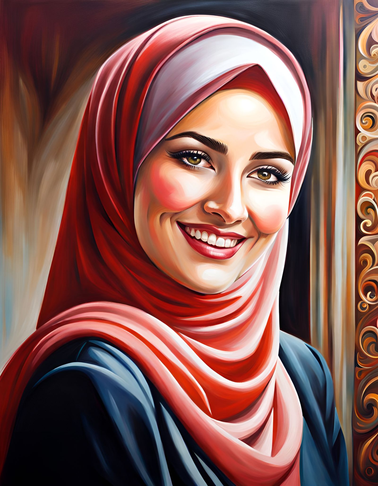 Elegant Woman in Hijab: Detailed Oil Painting