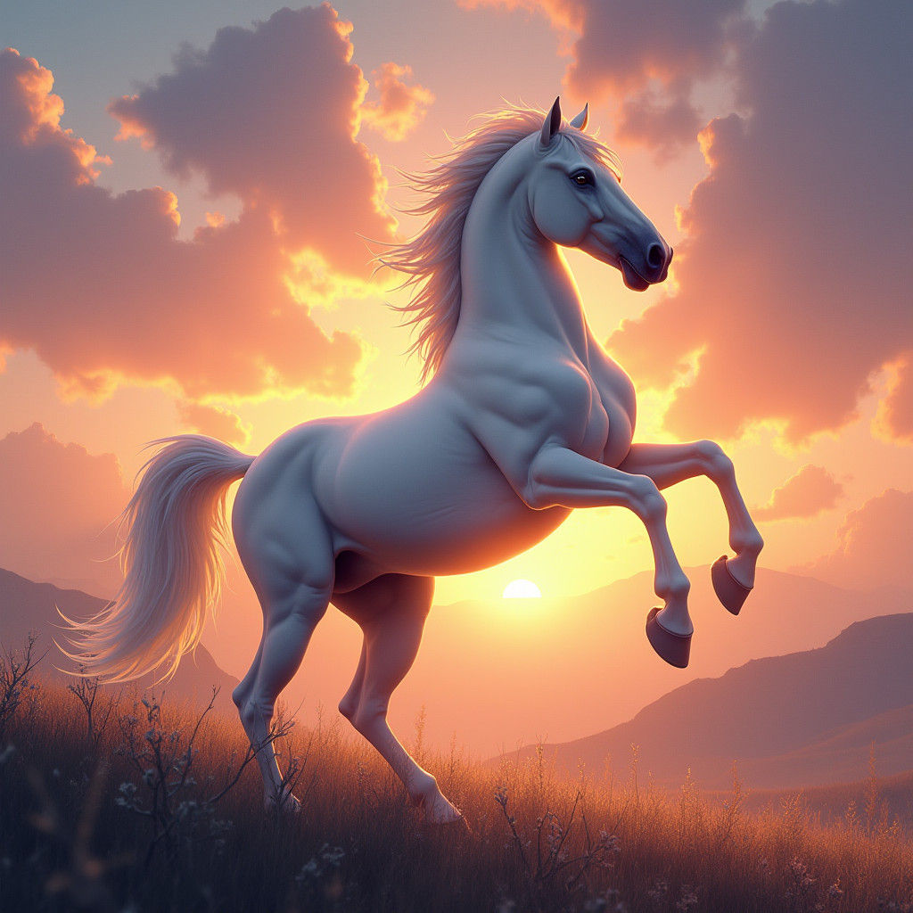 Majestic White Horse Rearing at Sunset: Fantasy Art