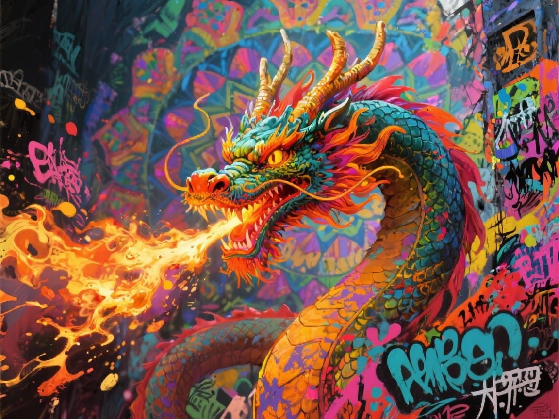 Kaleidoscopic Dragon in Graffiti Street Art