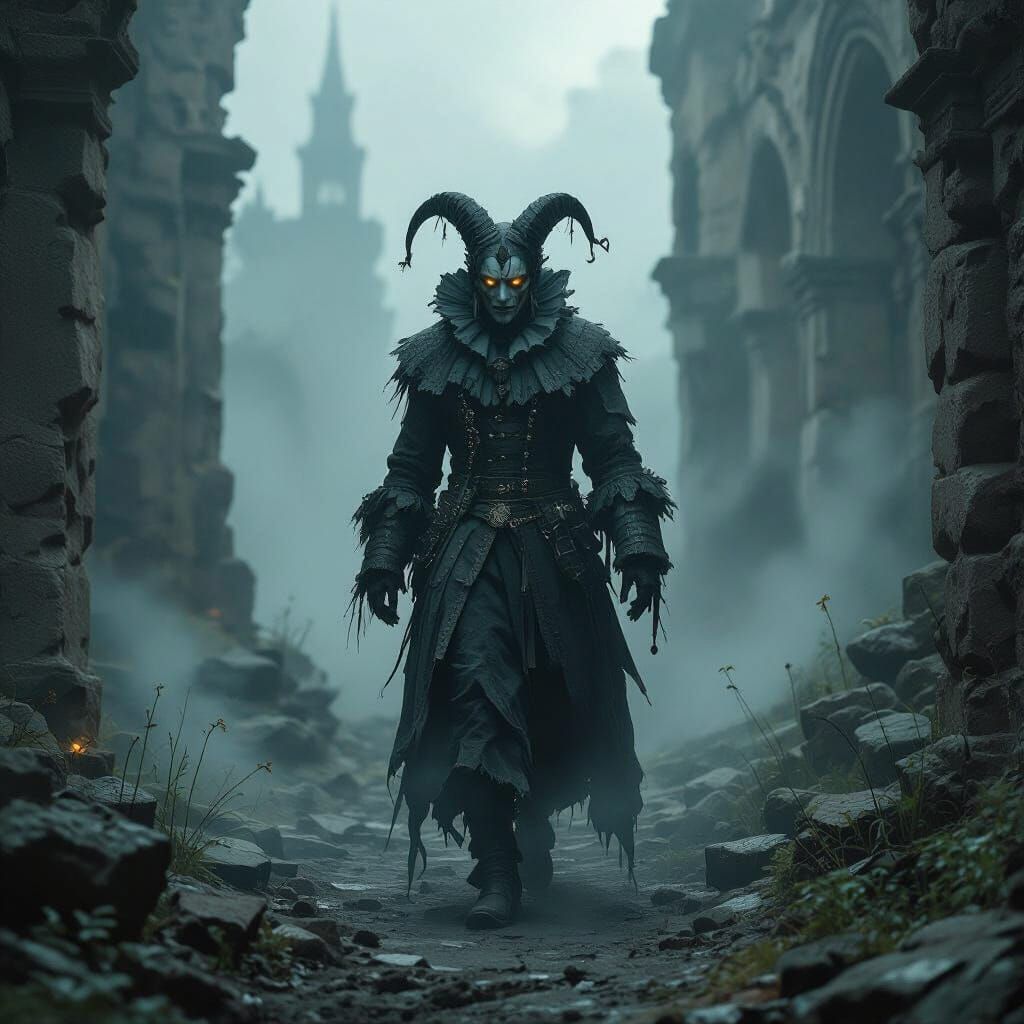 Eerie Jester in Ruins: Gothic Surrealism