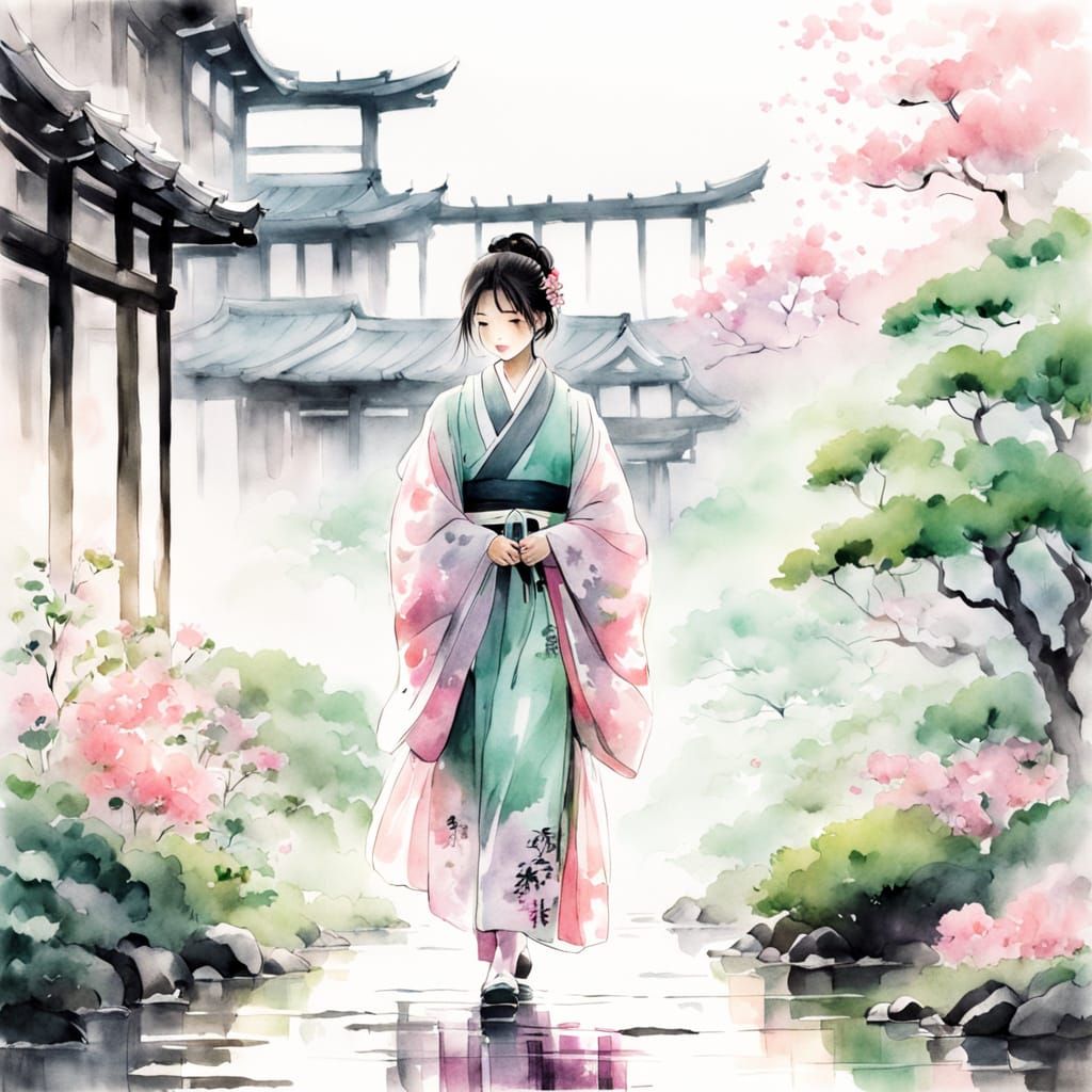 Kimono Woman in Misty Japanese Garden