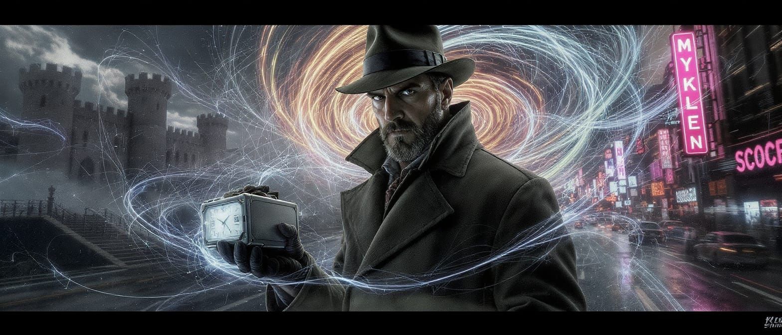 Time-Traveling Detective in Temporal Vortex: Cinematic Still